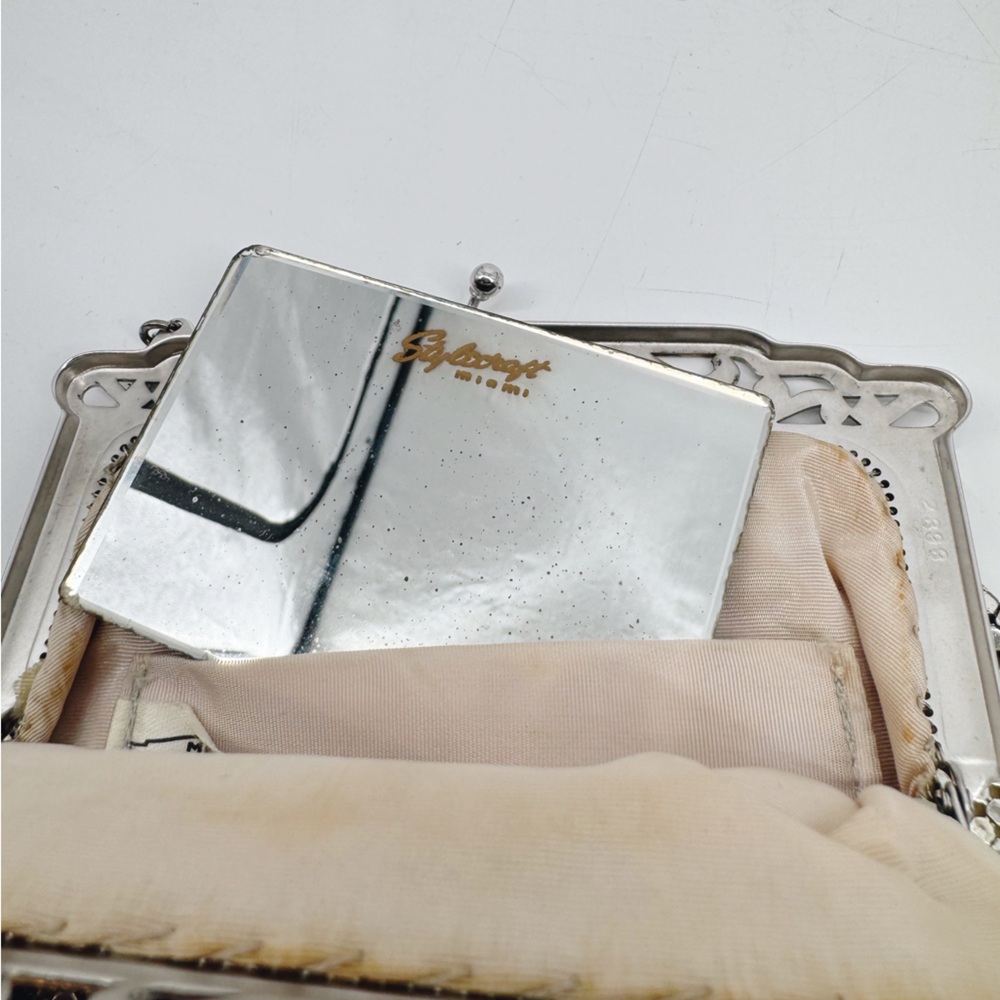 Vintage Whiting & Davis Silver Mesh Evening Bag Art Deco Frame Mirror - Picture 8 of 11